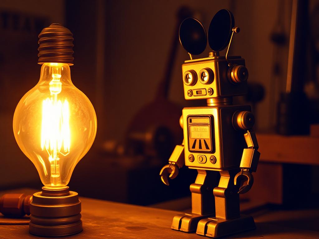 Retro tin robot standing beside a glowing Edison lightbulb on a workbench