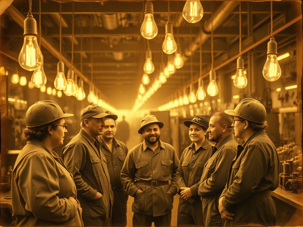 Sepia photograph of factory workers talking beneath rows of hanging Edison bulbs