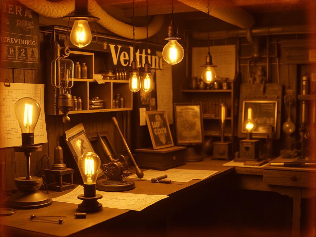 Vintage Edison workshop bench crowded with glowing filament bulbs and blueprints