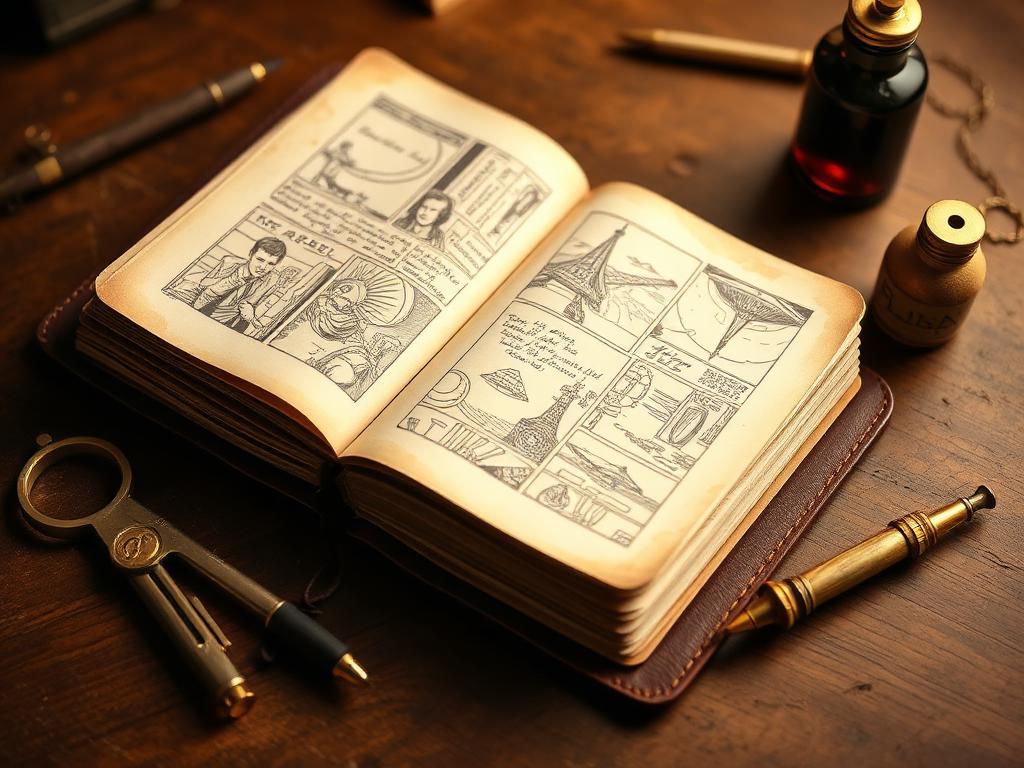 Antique leather notebook of hand-drawn comic panels with pen, ink and brass compass