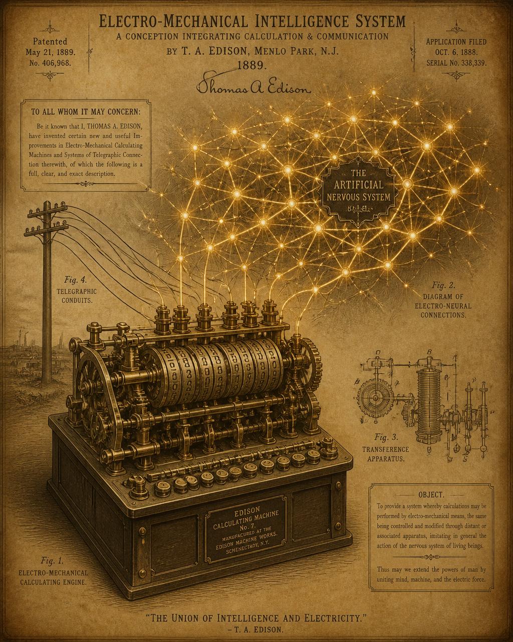 Vintage 1889 patent plate of an electro-mechanical calculating engine wired into a glowing golden neural network