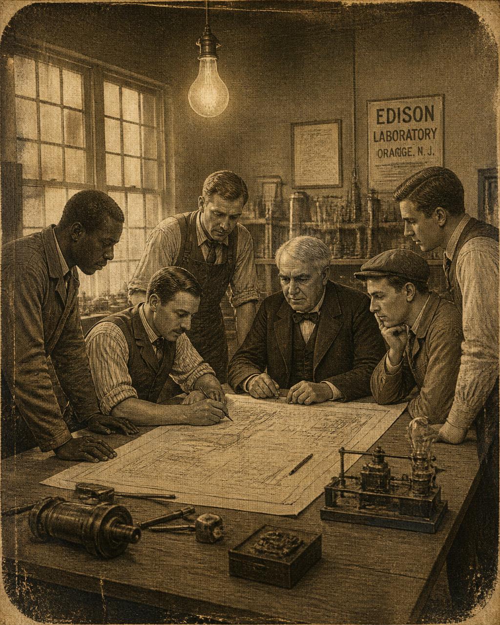 Antique sepia photograph of inventors and workers sketching blueprints beneath a carbon-filament bulb in the Edison laboratory